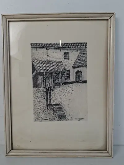 Originele Oost-Indische Inkttekening: "'t Rooms Couvent" te Brugge door François Verbeke (1977) – kavel bij De Kringwinkel, Waardamme