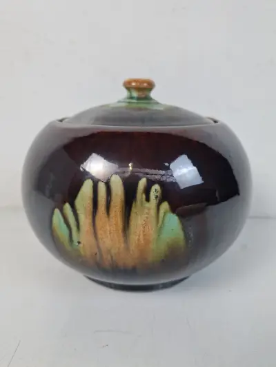 Prachtige Vintage Belgische Keramieke Dekselpot / Gemberpot – Druipglazuur (Model 102) – kavel bij De Kringwinkel, Waardamme