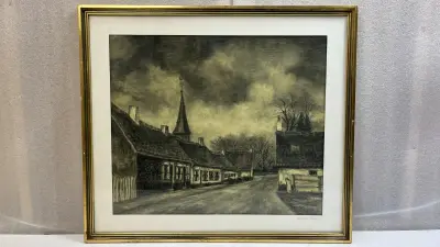 Ingelijst dorpsgezicht "Deurle Dorp" – Gesigneerd (D. Van Lancker) – Houtskool / Gewassen techniek op papier – kavel bij De Kringwinkel, Waardamme