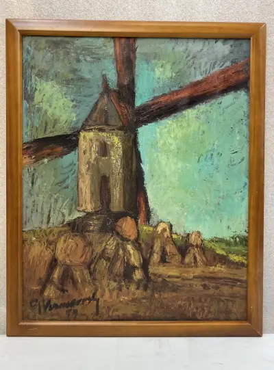 Vintage expressionistisch olieverfschilderij – Vlaamse staakmolen met korenmijten, gesigneerd & gedateerd '79 – kavel bij De Kringwinkel, Waardamme
