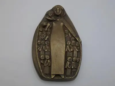 Bronskleurige religieuze plaquette met Maria van Barmhartigheid – kavel bij De Kringwinkel, Diest