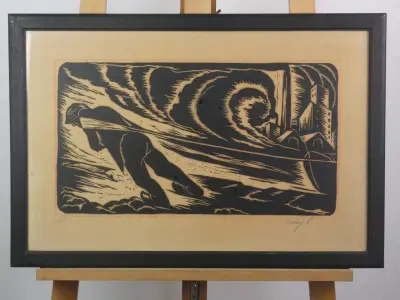 Expressionistische Houtsnede „Zwoegende Visser/Arbeider met Sloep” – Gesigneerd Vanhoy – kavel bij De Kringwinkel, Heverlee
