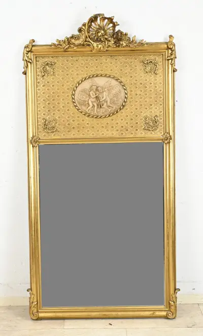 Antieke spiegel met kroon, H 172 x B 85 cm – kavel bij Twents Veilinghuis