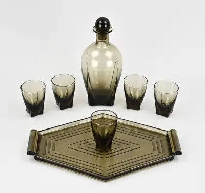 Likeur-set van rookglas, 1930 – kavel bij Twents Veilinghuis