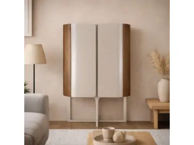 Wandkast Walnoot - 160cm - Notenhout bruin - Creme – kavel bij XL Auctions