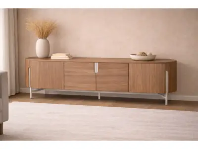 Tv dressoir Walnoot - 220cm - Notenhout bruin - creme – kavel bij XL Auctions