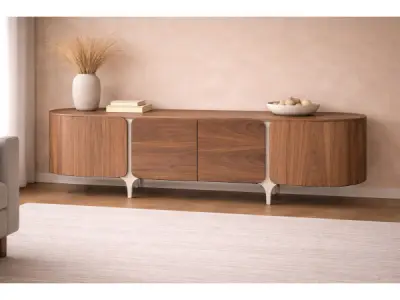 Tv dressoir Walnoot - 200cm - Notenhout bruin - creme – kavel bij XL Auctions