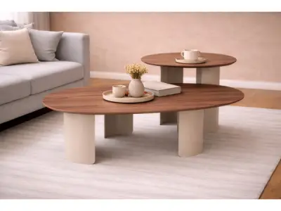 Salontafels set Organisch- Walnoot - Notenhout - creme – kavel bij XL Auctions