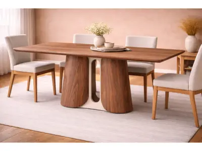 Eettafel Walnoot 240x110x76 - Rechthoek ronde rand - creme – kavel bij XL Auctions
