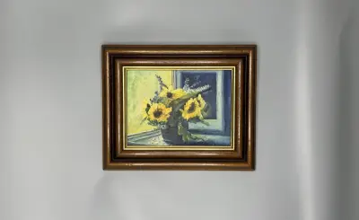 Olieverfschilderij A. Steevene zonnebloemen in stilleven – kavel bij De Kringwinkel, Waardamme