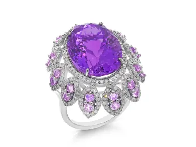 Ring met een grote ovaal geslepen amethist, witte diamanten en roze toermalijnen – kavel bij Onlineveilingmeester