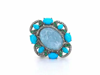 Ring gemaakt met verschillende edelstenen en bezaaid met witte natuurlijke diamanten – kavel bij Onlineveilingmeester