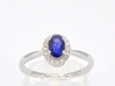 Witgouden entourage ring met diamanten en saffier – kavel bij Onlineveilingmeester