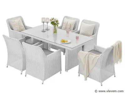 Diningset 7-delig - halfrond wicker - Wit / grijze kussens – kavel bij Vlavem