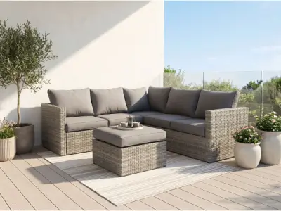 Loungeset 3-delig - Lichtbruin wicker + grijze kussens – kavel bij XL Auctions