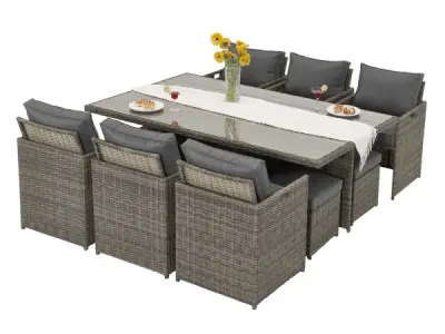 Diningset 11 delig - bruin wicker + grijze kussens – kavel bij XL Auctions