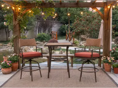 Tuinset 3-delig - barset hoog - bruin wicker + rode kussens – kavel bij XL Auctions