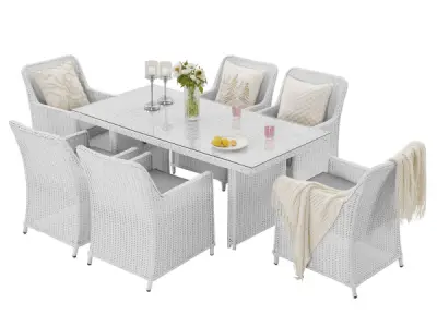 Diningset 7-delig - halfrond wicker - Wit / grijze kussens – kavel bij XL Auctions