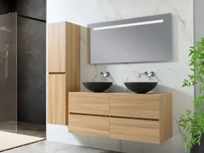 Badkamermeubel 130 cm - Licht hout decor + zwarte waskommen – kavel bij XL Auctions