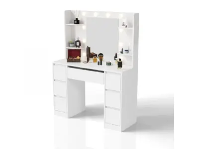 Kaptafel / Schminktafel Malia - Incl. Spiegel en LED - Wit – kavel bij XL Auctions