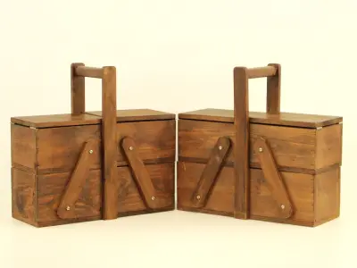 Vintage set van 2 houten naaidozen – kavel bij De Kringwinkel, Antwerpen
