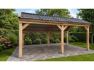 Douglas kapschuur met dakpanplaten - 280x600x290cm – kavel bij XL Auctions