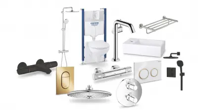 Set van 61 producten - Badkameruitrusting - Grohe, Hansgrohe, Geberit – kavel bij Stocklear