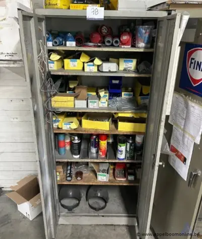 Metalen kast inhoudend elektrische aansluitingen, bevestigingsmaterialen, spuitbussen en beschermingsmiddelen – kavel bij Appelboom
