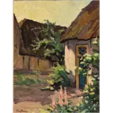 Adri Pieck – Zonnig tuintje tusschen oude huizenolie op doek41 x30 cmges – kavel bij Zuydwal Veilingen