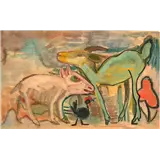 Dirk Oudes – Expressionistische voorstelling van een varken met geitaquarel13,5 x 21 cmHerk – kavel bij Zuydwal Veilingen