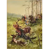 Rien Poortvliet – De jacht ca 1960gouache29 x 21 cmvoor boek Zo leeft de Hoge Veluwe van A.B – kavel bij Zuydwal Veilingen