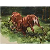 Rien Poortvliet – Krachtmeting tussen twee edelherten ca 1960gouache13,5 x 18 cmvoor boek Zo leeft de Hoge Veluwe van A.B – kavel bij Zuydwal Veilingen