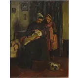 begin 20e eeuw Hollandse School – Wiegen van de baby met Larense moeder en dochterolie op doek65 x 51 cmges – kavel bij Zuydwal Veilingen