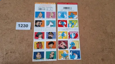 Belgische Postzegelstroken, Kuifje (2007) en De Smurfen (2008). Onbeperkt geldig voor frankering – kavel bij Goeiendeal