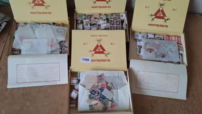 Sigarendozen met postzegels verschillende landen – kavel bij Goeiendeal