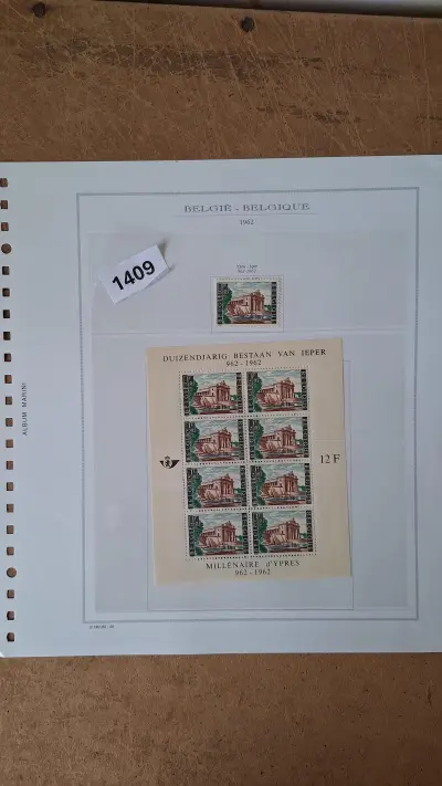 Postzegelvelletje en losse zegel Duizendjarig bestaan van Ieper 962-1962 – kavel bij Goeiendeal