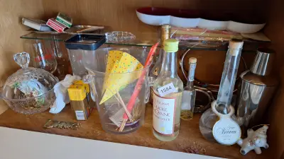 Inhoud van een barkast met onder andere flessen drank (waaronder Grappa Bianca), een cocktailshaker, een isemmer en diverse glazen – kavel bij Goeiendeal, Houthalen-Helchteren