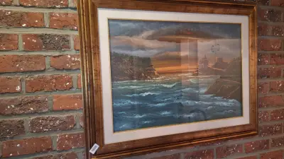 Schilderij met een ruwe zee en kustlijn getiteld 'Portovenere (Tramonto)' door A. Lolli, inclusief garantiecertificaat op de achterzijd – kavel bij Goeiendeal, Houthalen-Helchteren