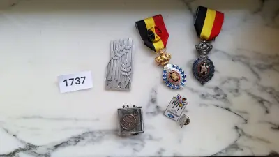 Set van 5 diverse onderscheidingen en pins waaronder Belgische medailles en een Ford-speld – kavel bij Goeiendeal, Houthalen-Helchteren