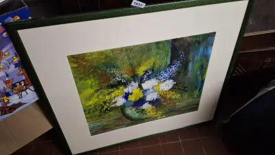 Ingelijst schilderij met een stilleven van bloemen in een vaas – kavel bij Goeiendeal, Houthalen-Helchteren