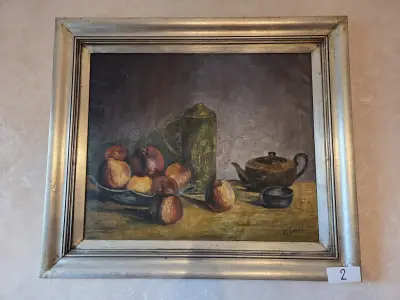 Schilderij, stilleven met fruitmand, kan en theepot in zilverkleurige kader, gesigneerd A. Smet lot 2 – kavel bij Goeiendeal, Jette