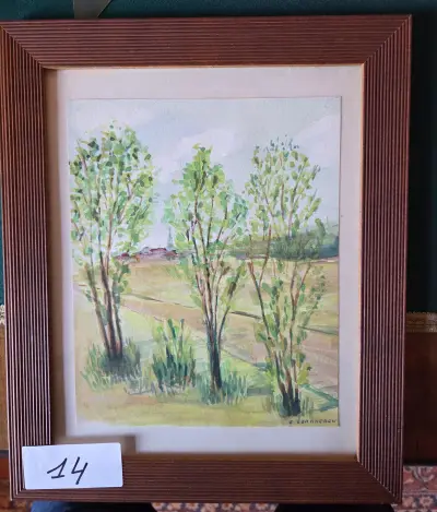 Schilderij, aquarel met een landschap met drie bomen, gesigneerd E. Verhaeren lot 14 – kavel bij Goeiendeal, Jette