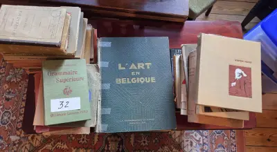 Stapel boeken waaronder "Grammaire Supérieure" van Larousse en "L'Art en Belgique" lot 32 – kavel bij Goeiendeal, Jette