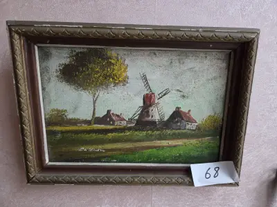 Schilderij, polderlandschap met een windmolen en hoeven, gesigneerd De Winter lot 68 – kavel bij Goeiendeal, Jette