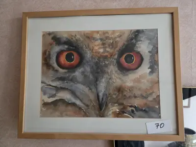 Schilderij, aquarel met een indringende close-up van de rode ogen van een uil, ingekaderd met passe-partout lot 70 – kavel bij Goeiendeal, Jette