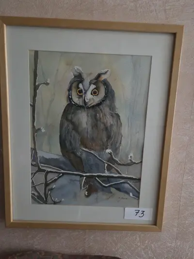 Schilderij, aquarel met een portret van een zittende uil op een winterse tak, gesigneerd A. Noens lot 73 – kavel bij Goeiendeal, Jette