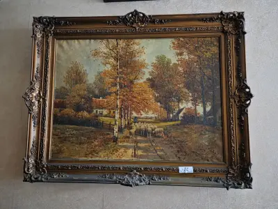 Schilderij, herfstlandschap met een kudde schapen en een herder op een zandweg in een rijk gedecoreerde barokke kader lot 82 – kavel bij Goeiendeal, Jette