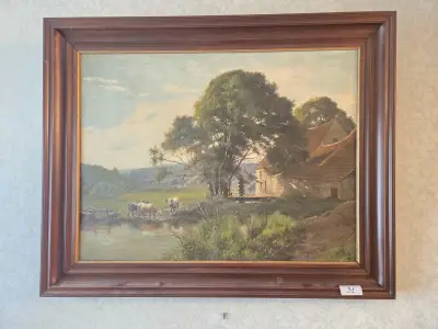 Schilderij met landelijk tafereel van koeien bij het water en een hoeve, gesigneerd G. Worland (1897) – Lot 91 – kavel bij Goeiendeal, Jette