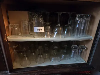 Verzameling diverse drinkglazen verdeeld over twee schappen, waaronder bier, wijnglazen en longdrinkglazen – Lot 103 – kavel bij Goeiendeal, Jette
