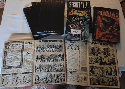 Kavel stripboeken en graphic novels met Marvel/DC uitgaven waaronder Civil War, Secret War Cosmic Odyssey en Terreurs Noires, inclusief oude krante… – kavel bij Goeiendeal, Jette